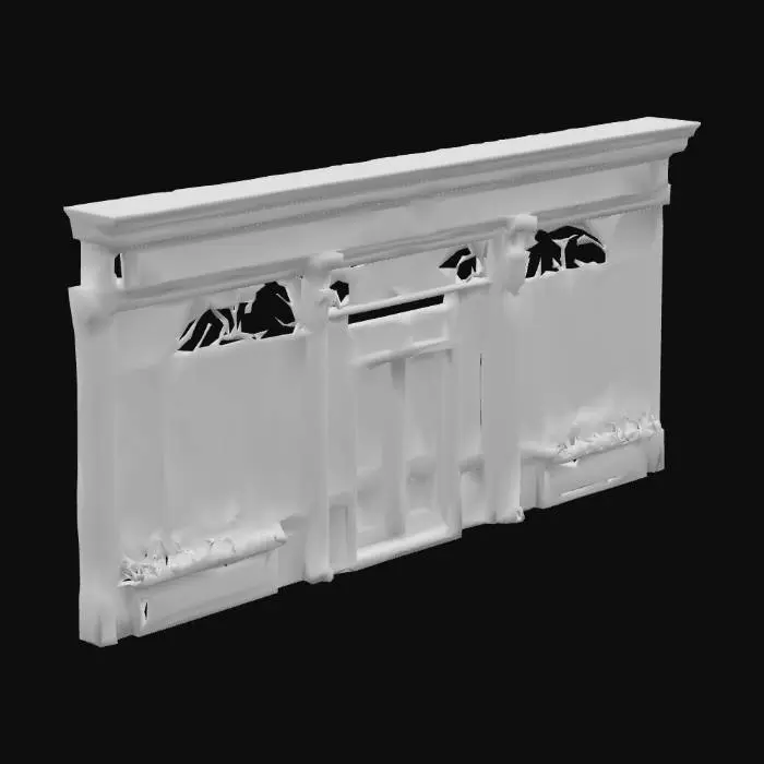 3D model for fachada de tienda de Paris , con puerta centrada y dos escaparates a los lados. Mucho detalle, realista, 4K, colores primavera