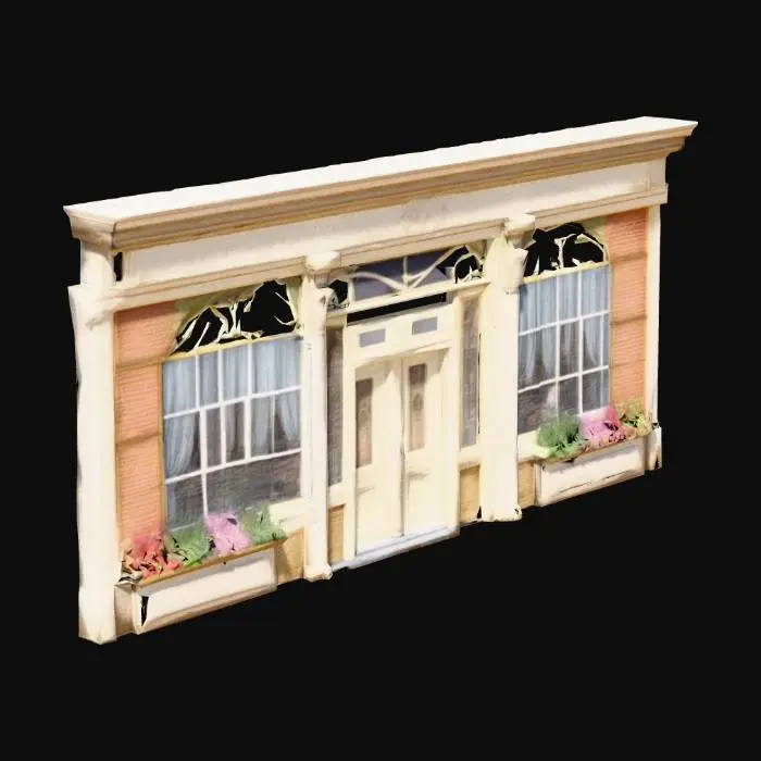 3D model for fachada de tienda de Paris , con puerta centrada y dos escaparates a los lados. Mucho detalle, realista, 4K, colores primavera