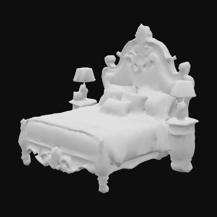 3D model for Una cama barroca de 150 cm destaca por un cabecero tapizado en un lujoso jacquard color crema, enmarcado por una estructura de madera de nogal con volutas elegantes y pulidas que revelan su artesanía clásica. La colcha ostenta un estampado botánico contemporáneo con hojas grandes y flores estilizadas en una paleta de verdes profundos y ocres. Cojines decorativos de diferentes tamaños, algunos lisos y otros con bordados discretos, añaden riqueza visual y táctil.