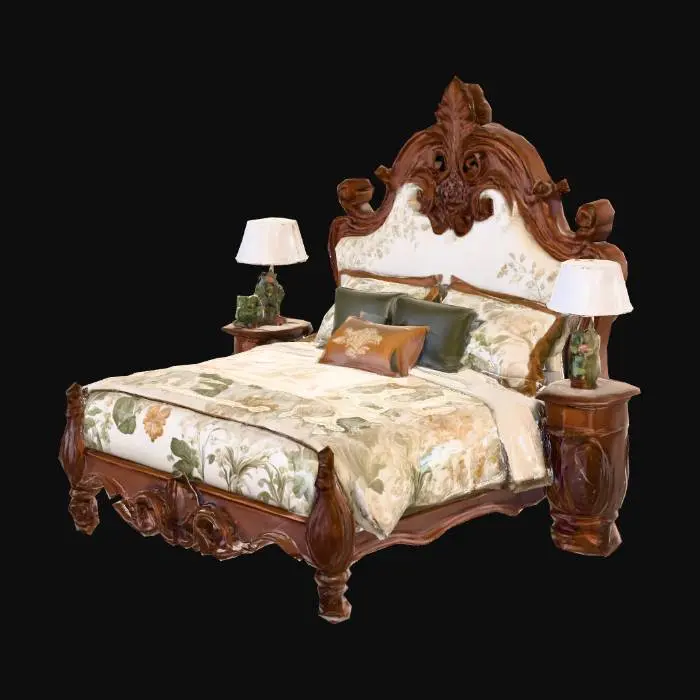 3D model for Una cama barroca de 150 cm destaca por un cabecero tapizado en un lujoso jacquard color crema, enmarcado por una estructura de madera de nogal con volutas elegantes y pulidas que revelan su artesanía clásica. La colcha ostenta un estampado botánico contemporáneo con hojas grandes y flores estilizadas en una paleta de verdes profundos y ocres. Cojines decorativos de diferentes tamaños, algunos lisos y otros con bordados discretos, añaden riqueza visual y táctil.