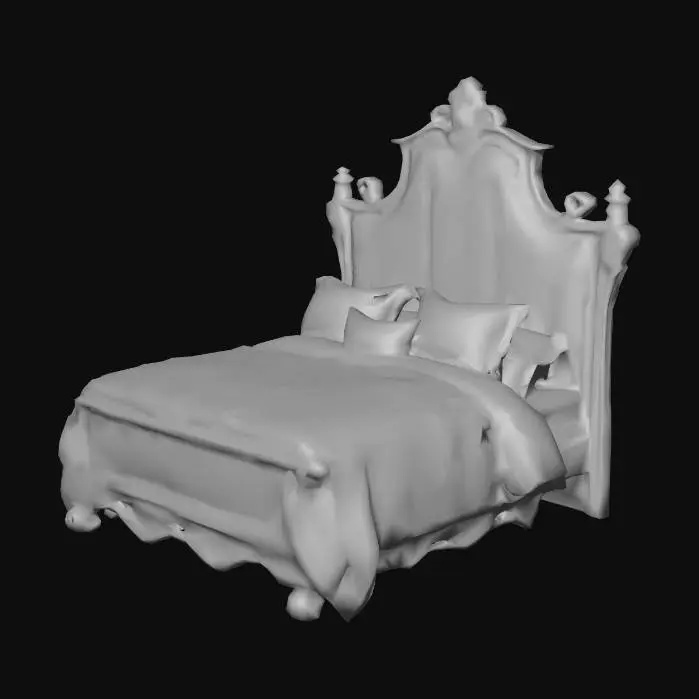 3D model for Una cama barroca de 150 cm destaca por un cabecero tapizado en un lujoso jacquard color crema, enmarcado por una estructura de madera de nogal con volutas elegantes y pulidas que revelan su artesanía clásica. La colcha ostenta un estampado botánico contemporáneo con hojas grandes y flores estilizadas en una paleta de verdes profundos y ocres. Cojines decorativos de diferentes tamaños, algunos lisos y otros con bordados discretos, añaden riqueza visual y táctil.