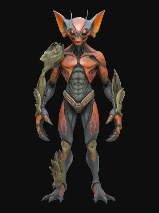 3D model for A unique alien character designed in the gritty, cel-shaded art style of Borderlands. The alien has an asymmetrical, biomechanical body with glowing tribal tattoos, mismatched armor pieces made from scrap metal and alien tech, and exaggerated facial features (e.g., elongated jaw, multiple eyes, or horn-like appendages). The skin texture is rough and layered, with bold inked outlines and high-contrast shadows. The color palette is vibrant yet dusty — rich purples, rusted oranges, and acid greens. The pose is dynamic, slightly hunched, rendered with high detail, cel-shading, and inked comic-book textures.