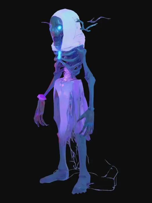 3D model for A spectral, phantom-like character in the stylized, cel-shaded art style of Borderlands. The figure has a semi-transparent, ethereal body that fades into mist toward the lower half. Glowing, jagged runes pulse along its arms and chest in neon blues and violets, casting harsh glows that contrast against the gritty comic-book shadows. The face is skeletal or mask-like, with hollow eyes that burn like embers. Ghostly tendrils drift from its back like torn cloth or energy wisps, animated with chaotic motion. The overall design is both menacing and mystical, with bold ink outlines, high-contrast lighting, and cel-shaded detailing.
