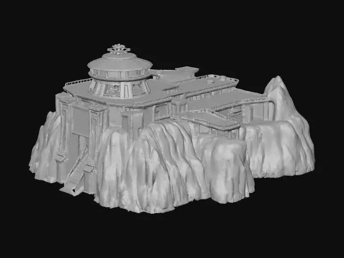 3D model for Create a detailed 3D model of a Cobra-style enemy base inspired by classic 1980s G.I. Joe playsets. The design should feel sinister and high-tech, built into a mountain or volcanic cliffside with angular architecture, snake or fang motifs, and dark metallic surfaces.

Include a central command tower with Cobra insignia area, landing pad for jets or helicopters, hangars for vehicles, radar dishes, security turrets, blast doors, and modular walkways.

The base should be segmented into modular sections for easy 3D printing and assembly, scaled for 1:18 action figures.

Style keywords: Cobra base, villain fortress, mountain lair, modular playset, G.I. Joe style, high detail, STL-ready, optimized for FDM printing.