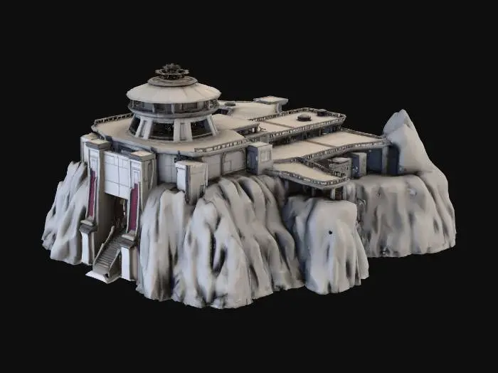 3D model for Create a detailed 3D model of a Cobra-style enemy base inspired by classic 1980s G.I. Joe playsets. The design should feel sinister and high-tech, built into a mountain or volcanic cliffside with angular architecture, snake or fang motifs, and dark metallic surfaces.

Include a central command tower with Cobra insignia area, landing pad for jets or helicopters, hangars for vehicles, radar dishes, security turrets, blast doors, and modular walkways.

The base should be segmented into modular sections for easy 3D printing and assembly, scaled for 1:18 action figures.

Style keywords: Cobra base, villain fortress, mountain lair, modular playset, G.I. Joe style, high detail, STL-ready, optimized for FDM printing.