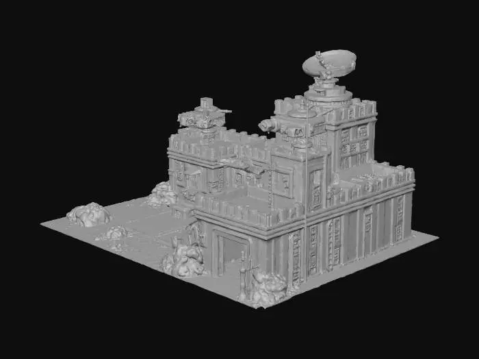 3D model for Create a detailed 3D model of a G.I. Joe–style military base inspired by classic 1980s toy playsets. Include modular fortress walls, a command tower, landing pad for jets or helicopters, watchtowers, armored gates, bunkers, supply crates, vehicle bays, and connecting ramps.

The design should look toy-accurate but realistic, with crisp panel lines, ladders, radar dishes, and defense turrets. The scale should fit 1:18 action figures, and the structure should be segmented for modular assembly and easy 3D printing.

Style keywords: G.I. Joe base, modular playset, military fortress, high detail, realistic toy aesthetic, STL-ready, optimized for FDM printing.