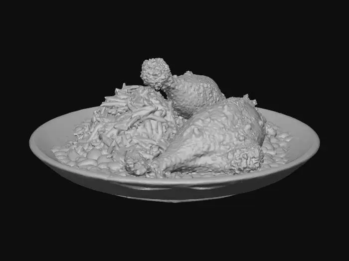 3D model for a plate of yellow  rice and beans with fried chicken