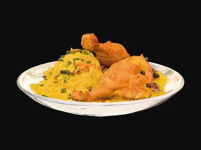 3D model for a plate of yellow  rice and beans with fried chicken