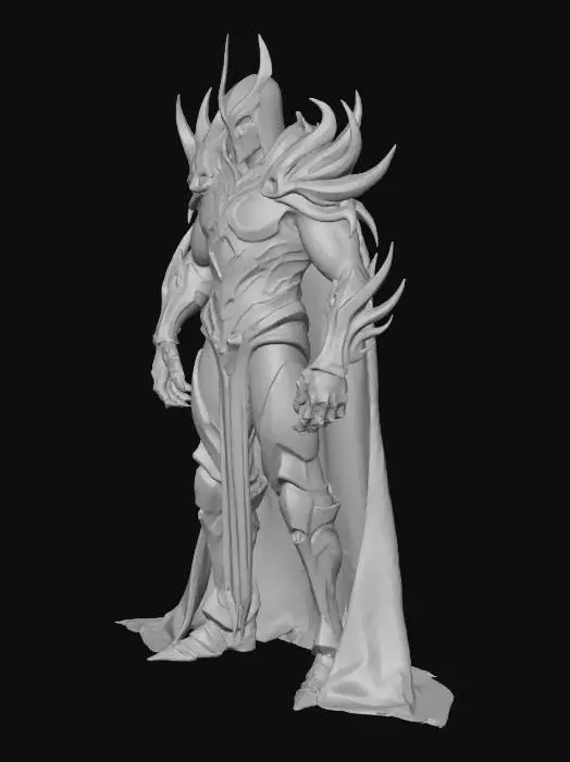 3D model for A menacing villain character standing tall, humanoid but slightly monstrous. Dark futuristic armor with jagged edges, glowing red cracks running through the chest and arms, and a sinister mask covering most of the face with glowing eyes. Long flowing cape torn at the edges, clawed gauntlets, and spiked boots. The character’s stance is powerful and intimidating, with an aura of shadow swirling around them. Highly detailed, cinematic, realistic proportions, designed for 3D printing and game-ready modeling.