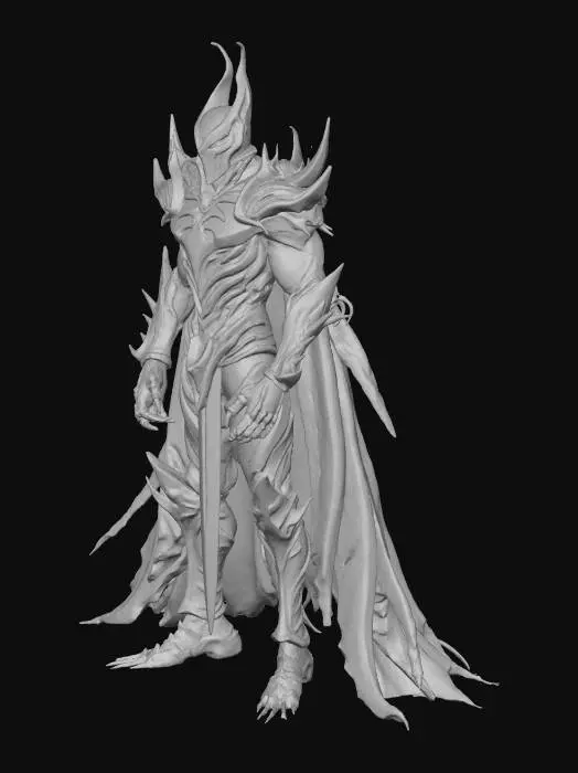 3D model for A menacing villain character standing tall, humanoid but slightly monstrous. Dark futuristic armor with jagged edges, glowing red cracks running through the chest and arms, and a sinister mask covering most of the face with glowing eyes. Long flowing cape torn at the edges, clawed gauntlets, and spiked boots. The character’s stance is powerful and intimidating, with an aura of shadow swirling around them. Highly detailed, cinematic, realistic proportions, designed for 3D printing and game-ready modeling., #villain#