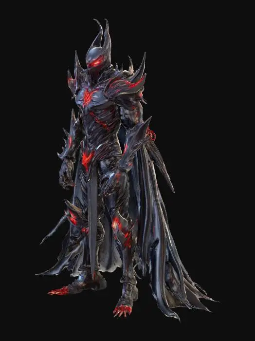 3D model for A menacing villain character standing tall, humanoid but slightly monstrous. Dark futuristic armor with jagged edges, glowing red cracks running through the chest and arms, and a sinister mask covering most of the face with glowing eyes. Long flowing cape torn at the edges, clawed gauntlets, and spiked boots. The character’s stance is powerful and intimidating, with an aura of shadow swirling around them. Highly detailed, cinematic, realistic proportions, designed for 3D printing and game-ready modeling., #villain#