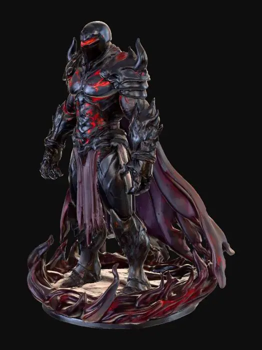 3D model for A menacing villain character standing tall, humanoid but slightly monstrous. Dark futuristic armor with jagged edges, glowing red cracks running through the chest and arms, and a sinister mask covering most of the face with glowing eyes. Long flowing cape torn at the edges, clawed gauntlets, and spiked boots. The character’s stance is powerful and intimidating, with an aura of shadow swirling around them. Highly detailed, cinematic, realistic proportions, designed for 3D printing and game-ready modeling.