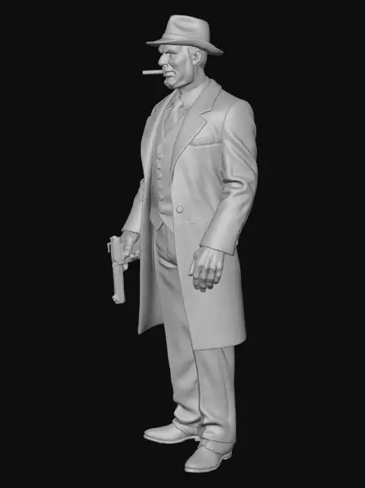 3D model for 1930s mafia man dressed in a suit and a hat donning a tommy gun in his right hand and cigar in his left hand , #villain#