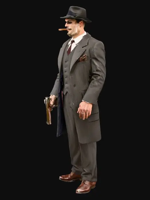 3D model for 1930s mafia man dressed in a suit and a hat donning a tommy gun in his right hand and cigar in his left hand , #villain#