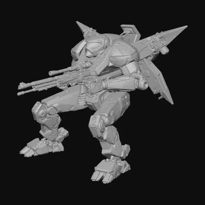 3D model for exoskeleton war machine with heavy armor plating missile shoulder blaster laser rifle  canopy for pilot rockets for propulsion and flight