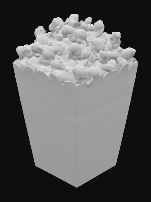 3D model for movie theatre popcorn in a traditional red and white stripped container with golden popped corn bit make the popcorn have evil little faces
