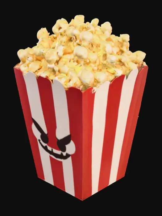 3D model for movie theatre popcorn in a traditional red and white stripped container with golden popped corn bit make the popcorn have evil little faces
