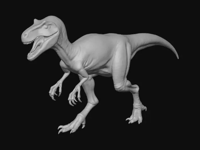 3D model for A highly detailed 3D model of a Velociraptor, exhibiting an agile, lean physique with powerful legs and a long tail. Its scaly skin is a dominant grey color, intricately patterned with darker grey stripes that accentuate its musculature. The dinosaur is captured in a dynamic, mid-stride pose, rendered with realistic textures under natural daylight, standing amidst vibrant green grass with subtle ground shadows.