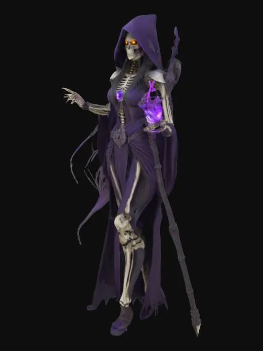 3D model for 
身穿骷髅盔甲的女巫，飘逸的长发，发光的护身符，深色优雅的长袍，紫色的火焰法杖，眼下阴影令人难以忘怀，散发着死灵的力量和冰冷的权威。