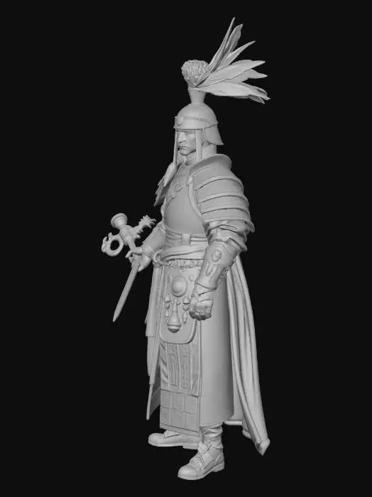 3D model for 한국의 고구려 무사이고 삼국지의 여포 처럼 2개의 새 깃털을 꼽은 조우관을 쓴 고구려 전통 복장을 입은 무사를 3D 모델링해 주세요