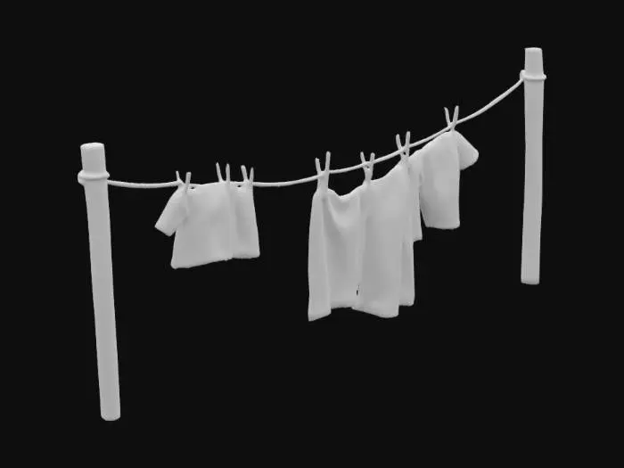 3D model for clothes line with 3 poles and a rusty metal wire running across, hanging shirts and pants