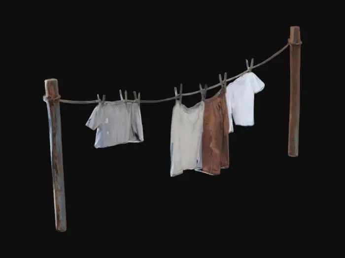 3D model for clothes line with 3 poles and a rusty metal wire running across, hanging shirts and pants