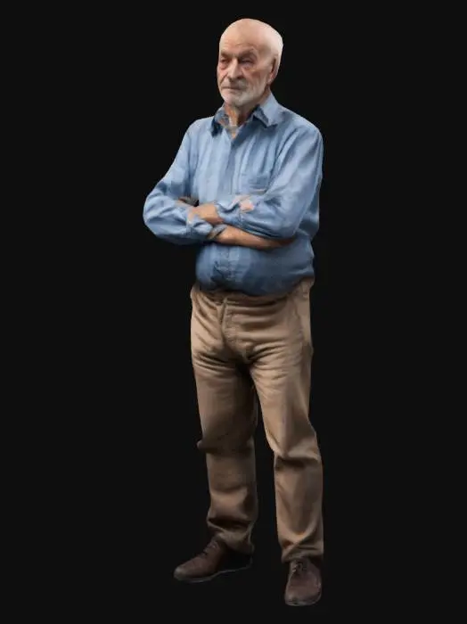 3D model for old man wearing normal street clothes posed sitting on a chair, no chair