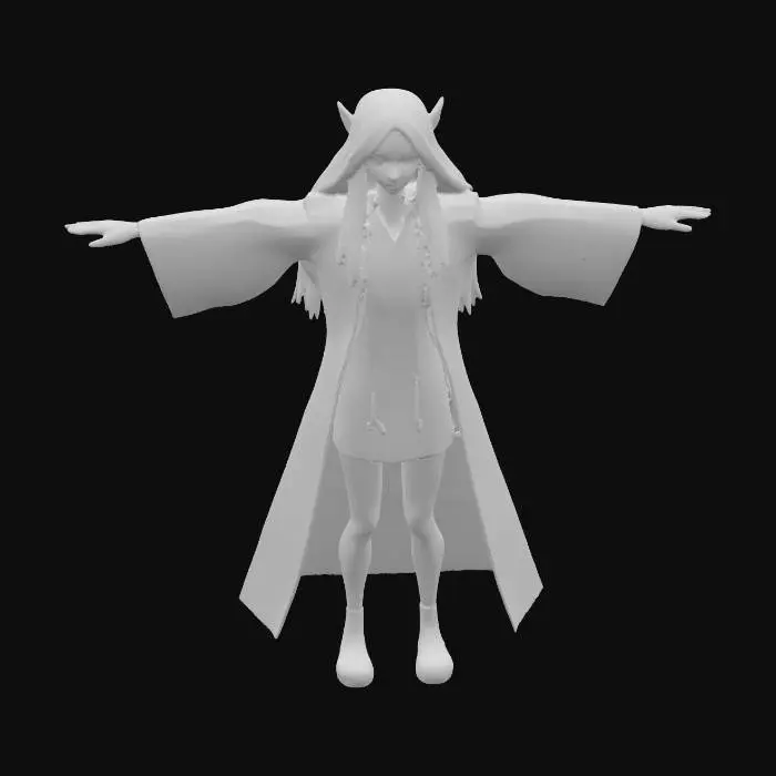 3D model for Frierene, Frieren from "Sousou no Frieren", beautiful elf mage girl, long straight light purple hair, golden eyes, calm and gentle expression, slender body, pointy elf ears, wearing a white and blue mage robe with golden details, fantasy style, standing in a serene magical forest, soft light, anime style, highly detailed, full body