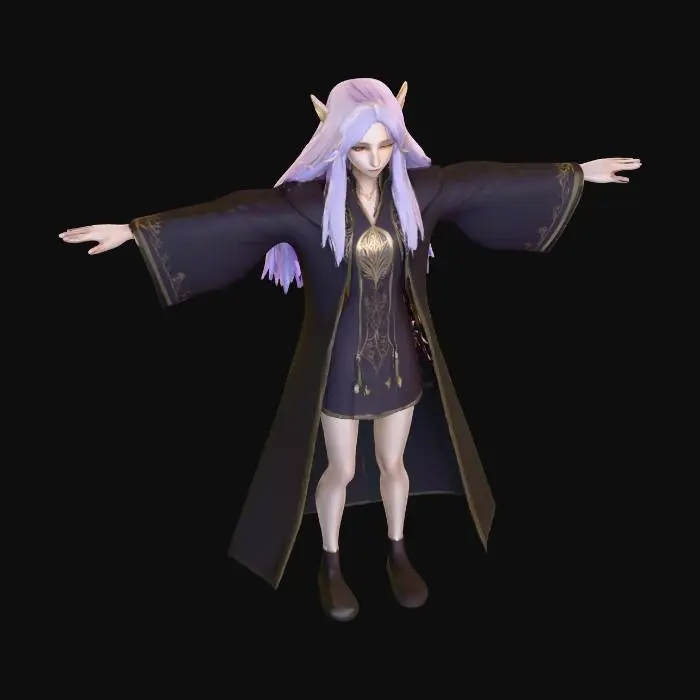 3D model for Frierene, Frieren from "Sousou no Frieren", beautiful elf mage girl, long straight light purple hair, golden eyes, calm and gentle expression, slender body, pointy elf ears, wearing a white and blue mage robe with golden details, fantasy style, standing in a serene magical forest, soft light, anime style, highly detailed, full body