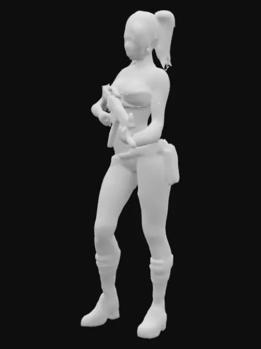 3D model for A blonde twintailed girl holding a machine gun and wearing a bikini. She has been painted head to toe with camouflage colours, Highly Detailed, Ultra Realistic