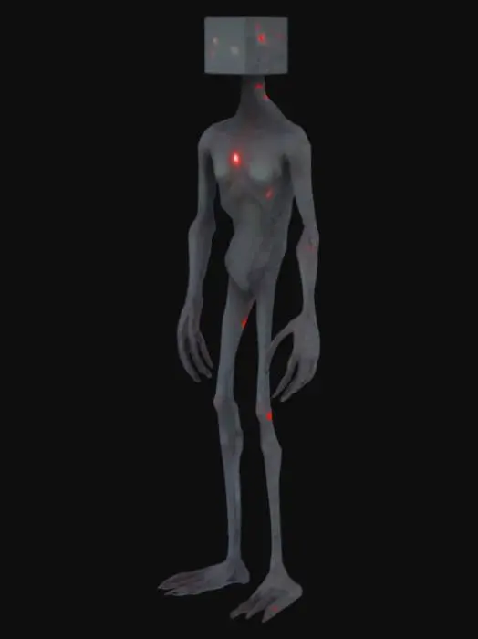 3D model for Corpo alto e magro, feito de sombra pixelada. Pernas finas que se dissolvem nas pontas. Braços longos com dedos em forma de garras que flutuam. Peito afundado com mancha vermelha pulsante. Cabeça quadrada com olhos brancos brilhantes e a, Longos e desproporcionais, quase na altura dos joelhos.Dedos finos e com as pontas curvas, como garras abstratas — não são sólidos, mas aparecem e desaparecem em movimento.Magro, peito afundado e costelas visíveis pela textura escura ondulante.Quadrada, no estilo Minecraft,   brilhantes, redondos, sem pupila — manchas de sangue seco, como se tivesse sorrido depois de morder alguém.A boca é uma linha fina, mas se abre em situações de ataque — mostrando um vazio negro. pes Longos, finos e retos, como se estivessem presos ao chão por um fio de fumaça negra.