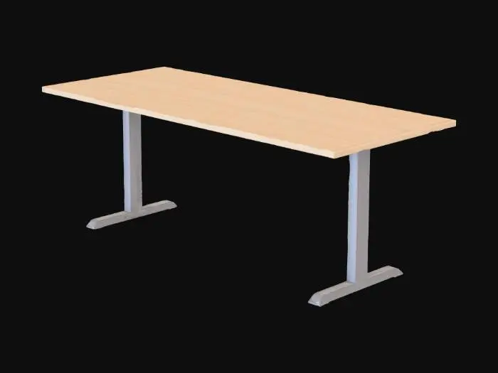 3D model for Low-poly PSX-style rectangular breakroom table for 4–6 people. Simple laminate top, metal legs, no attached benches, neutral upright pose. Fits with office breakroom furniture set.