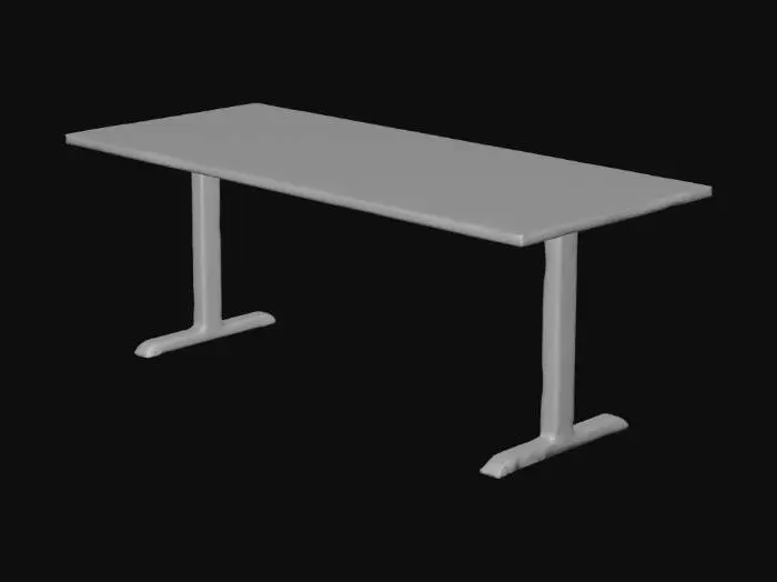 3D model for Low-poly PSX-style rectangular breakroom table for 4–6 people. Simple laminate top, metal legs, no attached benches, neutral upright pose. Fits with office breakroom furniture set.