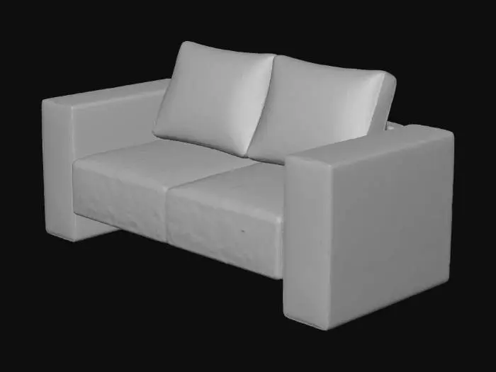 3D model for Low-poly PSX-style 2-seater breakroom sofa with simple cushions and blocky frame. Muted brown or dull green fabric, slightly worn edges, neutral upright pose. Matches breakroom tone.