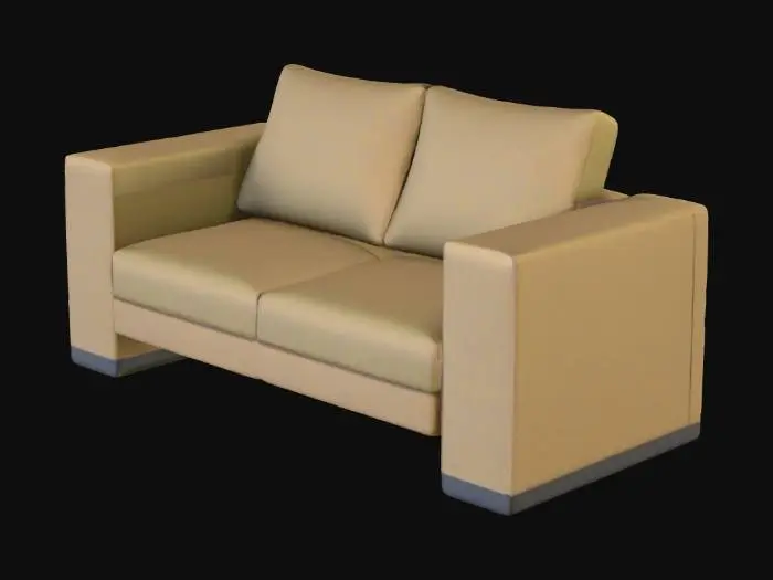 3D model for Low-poly PSX-style 2-seater breakroom sofa with simple cushions and blocky frame. Muted brown or dull green fabric, slightly worn edges, neutral upright pose. Matches breakroom tone.