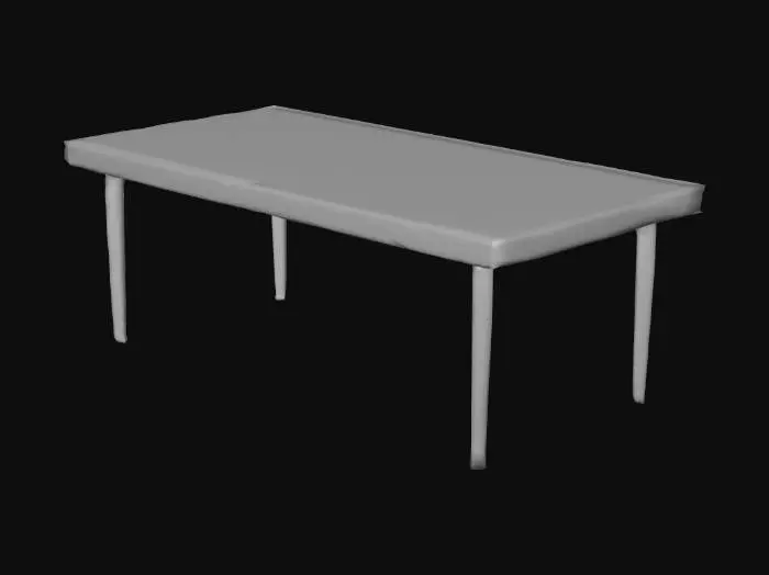 3D model for Low-poly PSX-style coffee table for breakroom, rectangular wood laminate top with metal or plastic legs. Neutral upright pose, subtle wear. Matches breakroom furniture.