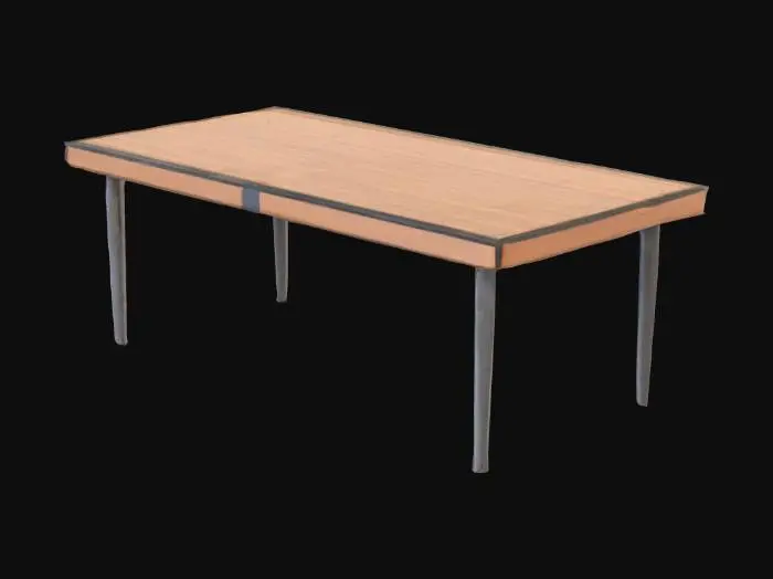 3D model for Low-poly PSX-style coffee table for breakroom, rectangular wood laminate top with metal or plastic legs. Neutral upright pose, subtle wear. Matches breakroom furniture.