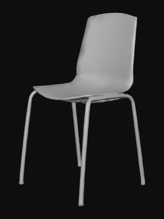 3D model for Low-poly PSX-style breakroom chair with simple plastic seat and backrest, thin metal legs. Neutral upright pose, no baked animation. Matches table style.