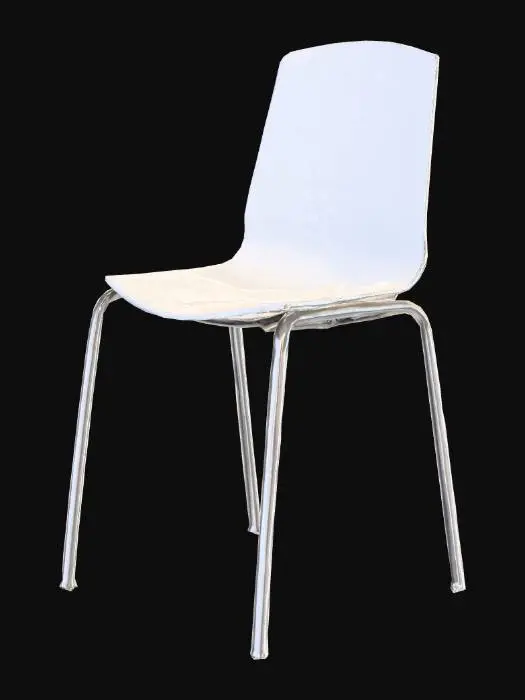 3D model for Low-poly PSX-style breakroom chair with simple plastic seat and backrest, thin metal legs. Neutral upright pose, no baked animation. Matches table style.