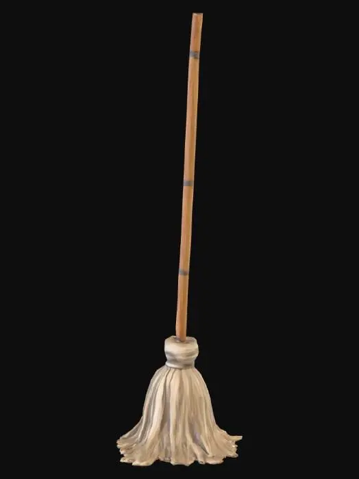 3D model for Low-poly game asset of a worn janitor’s mop with a long wooden handle and a dirty cloth head. Stylized for a PS1 / PSX horror aesthetic, eerie and unsettling. The mop handle should be slightly crooked and splintered, with chipped paint or dark stains. The mop head should look frayed, damp, and stained grayish-brown, as if it’s been used in grimy underground hallways. Keep the geometry simple and blocky, optimized for real-time use in Unity. Textures should emphasize flat shading, low resolution, and gritty atmosphere. The overall look should make the mop feel functional but strangely ominous, as if it doesn’t quite belong.

Tags/Style: low poly, PS1 style, janitor, grimy, horror, stylized, Unity