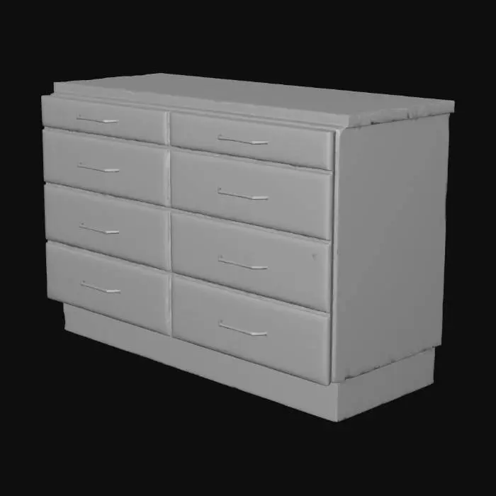 3D model for “Low-poly PSX-style breakroom base cabinet, 4 drawers on the left, 4 drawers on the right, laminated light-oak countertop. Matte white paint, slightly worn edges, silver metal handles. Clean geometry, no upper cabinets, no sink. Designed to match modular kitchen set with realistic proportions.”