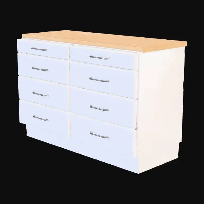 3D model for “Low-poly PSX-style breakroom base cabinet, 4 drawers on the left, 4 drawers on the right, laminated light-oak countertop. Matte white paint, slightly worn edges, silver metal handles. Clean geometry, no upper cabinets, no sink. Designed to match modular kitchen set with realistic proportions.”