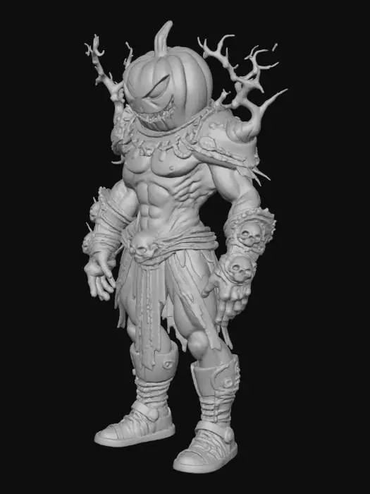 3D model for 3D realistic concept art of a humanoid pumpkin warrior standing heroically, in the same sepia-toned cinematic fantasy style as previous characters. The creature has a carved pumpkin head glowing from within, muscular humanoid body made of twisted vines and bark, wearing torn leather armor with chains and skull motifs. The lighting is dramatic with deep shadows, emphasizing the detailed textures and 3D sculptural form, full body, centered composition.