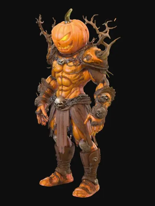 3D model for 3D realistic concept art of a humanoid pumpkin warrior standing heroically, in the same sepia-toned cinematic fantasy style as previous characters. The creature has a carved pumpkin head glowing from within, muscular humanoid body made of twisted vines and bark, wearing torn leather armor with chains and skull motifs. The lighting is dramatic with deep shadows, emphasizing the detailed textures and 3D sculptural form, full body, centered composition.