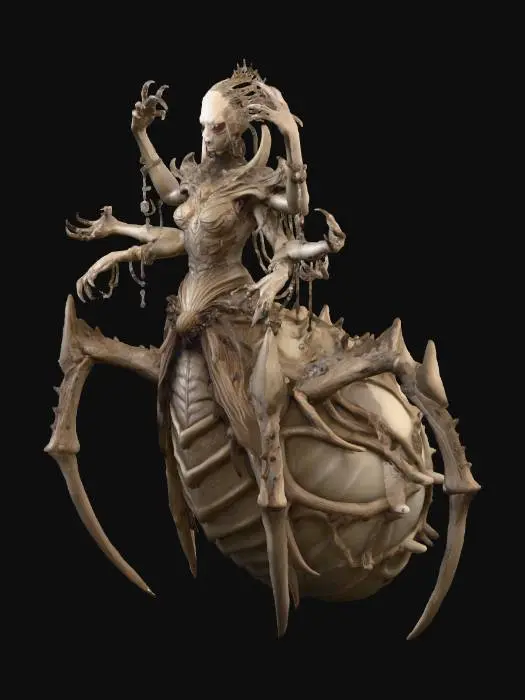 3D model for 3D realistic concept art of a humanoid spider witch with six arms, arachnid lower body, and human upper body wearing gothic jewelry. She has glowing eyes, intricate web details, and skeletal decorations. Sculpted in sepia monochrome tone with cinematic light and shadow balance.