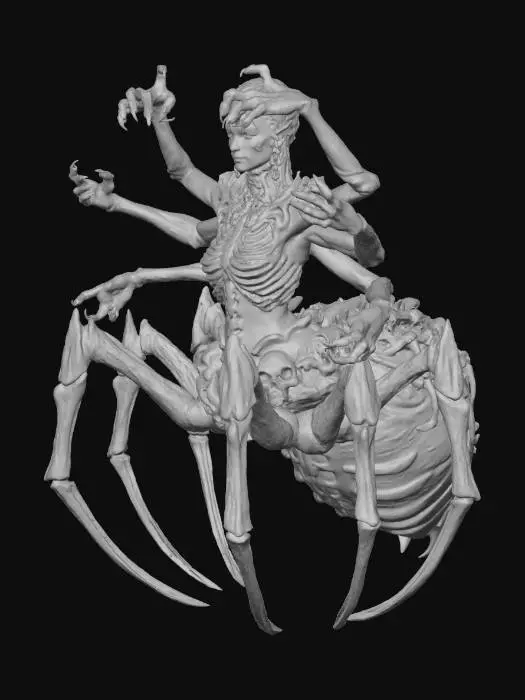 3D model for 3D realistic concept art of a humanoid spider witch with six arms, arachnid lower body, and human upper body wearing gothic jewelry. She has glowing eyes, intricate web details, and skeletal decorations. Sculpted in sepia monochrome tone with cinematic light and shadow balance.