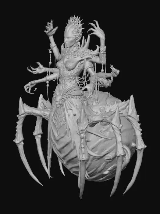 3D model for 3D realistic concept art of a humanoid spider witch with six arms, arachnid lower body, and human upper body wearing gothic jewelry. She has glowing eyes, intricate web details, and skeletal decorations. Sculpted in sepia monochrome tone with cinematic light and shadow balance.