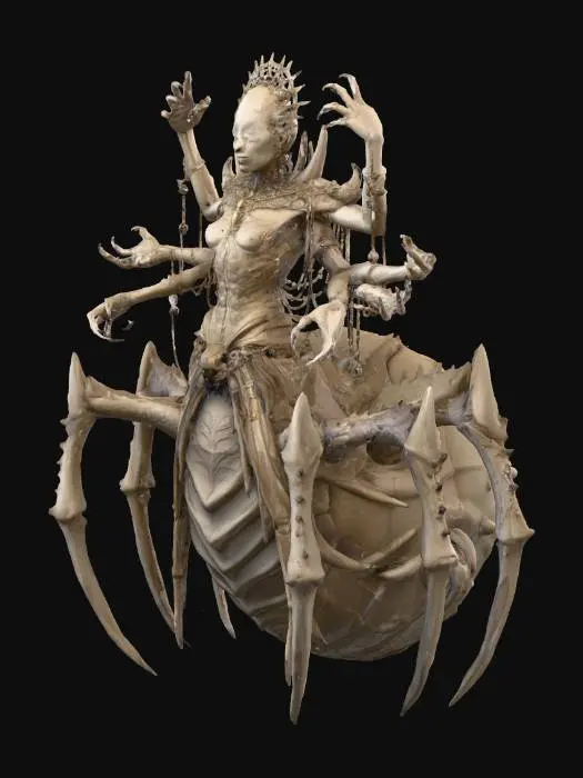 3D model for 3D realistic concept art of a humanoid spider witch with six arms, arachnid lower body, and human upper body wearing gothic jewelry. She has glowing eyes, intricate web details, and skeletal decorations. Sculpted in sepia monochrome tone with cinematic light and shadow balance.