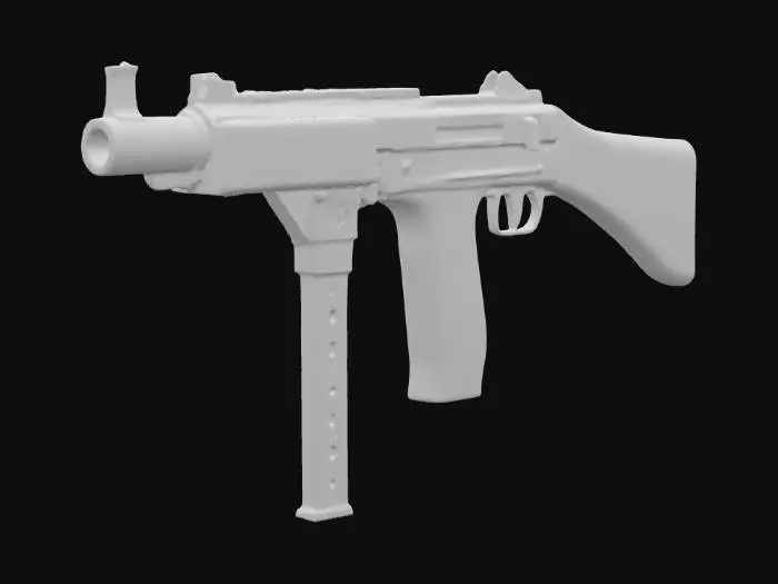 3D model for Массивная, культовая модель пистолета-пулемета Томпсона M1928 с характерной, слегка угловатой формой и четкими, выраженными краями. Оружие имеет массивный, ребристый ствол с установленным на конце компенсатором Каттса, выполненные из матового черного металла. Крупная вертикальная передняя рукоятка и отдельная пистолетная рукоятка, а также стационарный приклад, сделаны из потертого, темно-коричневого дерева, с видимыми следами износа. Книзу присоединен прямой, прямоугольный рожковый магазин из темного металла, дополняющий его уникальный профиль.