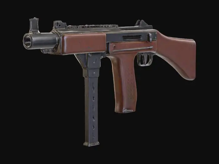 3D model for Массивная, культовая модель пистолета-пулемета Томпсона M1928 с характерной, слегка угловатой формой и четкими, выраженными краями. Оружие имеет массивный, ребристый ствол с установленным на конце компенсатором Каттса, выполненные из матового черного металла. Крупная вертикальная передняя рукоятка и отдельная пистолетная рукоятка, а также стационарный приклад, сделаны из потертого, темно-коричневого дерева, с видимыми следами износа. Книзу присоединен прямой, прямоугольный рожковый магазин из темного металла, дополняющий его уникальный профиль.